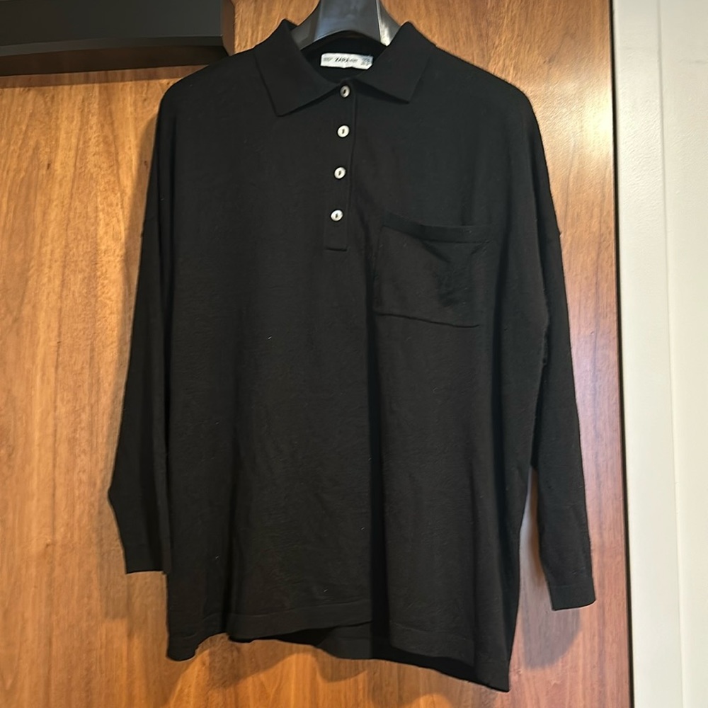 ZARA black lightweight long sleeve polo knit sweater Small